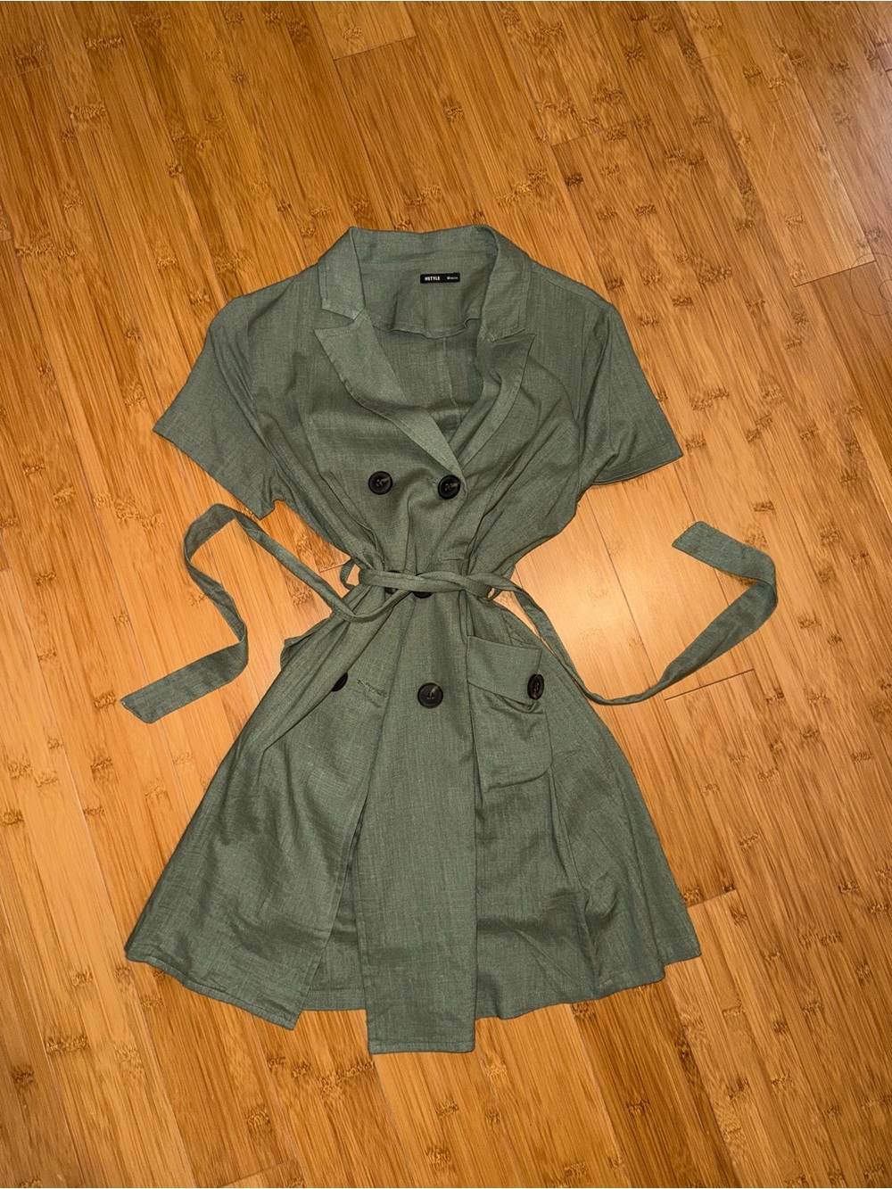 Olive Green Double-Breasted Belted Trench Dress